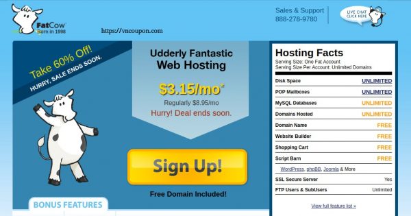 Fatcow Secret Offer - 60% off Unlimited Hosting only $3.15/month - Free Domain Name + $100 Ad Credits for Google, Yahoo! & Bing