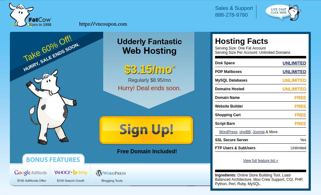 Fatcow Secret Offer – 60% off Unlimited Hosting only $3.15/month – Free Domain Name + $100 Ad Credits for Google, Yahoo! & Bing