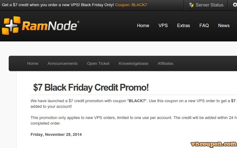 [Black Friday 2014] Ramnode – get $7 credit promo