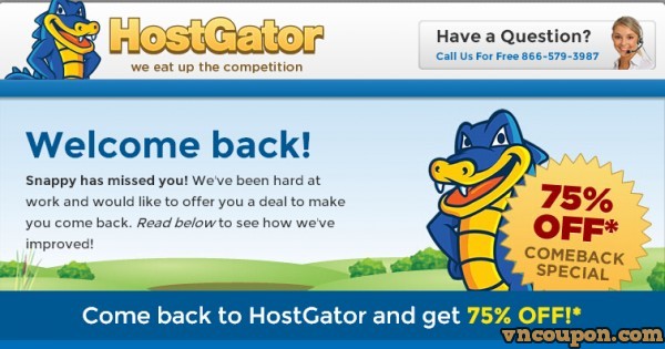 Hostgator - 75% off all shared hosting plans - Welcome Back Special Promotions