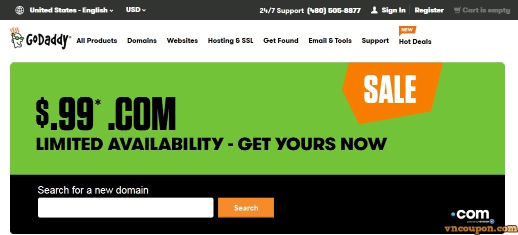 $0.99 .COM coupon Godaddy for US or Canada Account