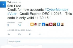 [Cyber Monday 2015] Vultr – $30 Free Credit for new accounts