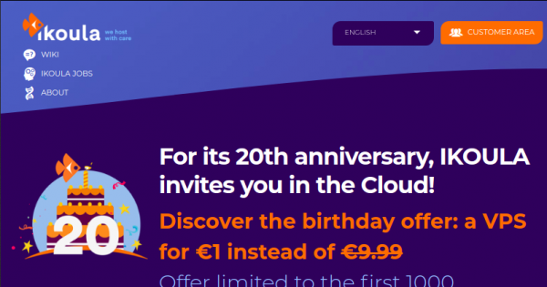 IKOULA 20th anniversary - Public Cloud VM €1 instead of €9.99 - 1vCPU/ 1.7GB RAM/ 50GB SSD