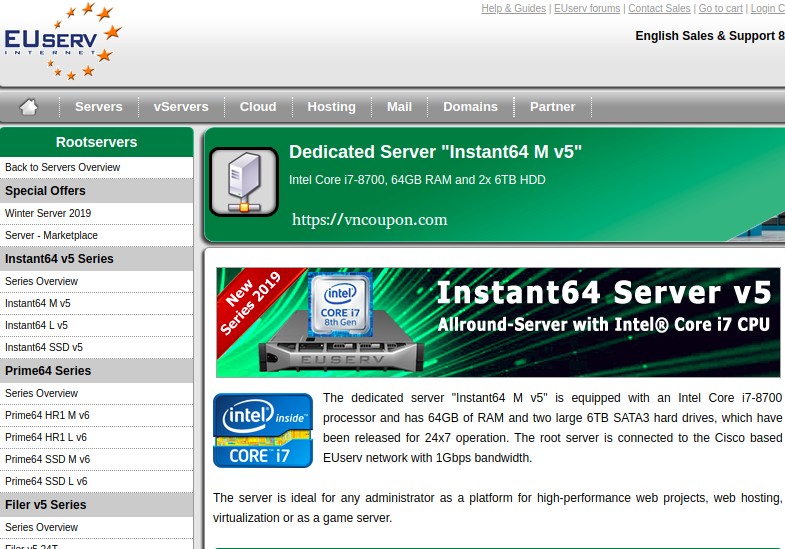 EUServ – Dedicated Server Special: cpu i7-8700, 64GB DDR4 RAM, 1 Gbit/s unmetered, 2x6TB SATA only 41€/month