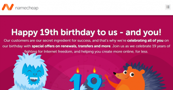 Namecheap 19th birthday - Save off 19% on renewals & Transfer - 25% off new .com domains