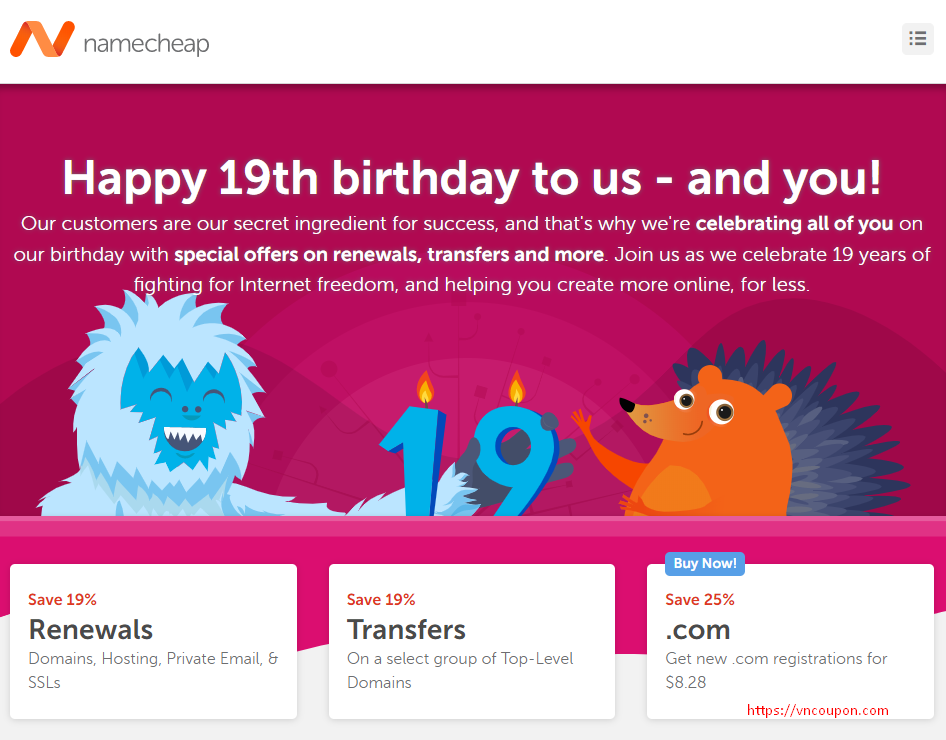 Namecheap 19th birthday – Save off 19% on renewals & Transfer – 25% off new .com domains