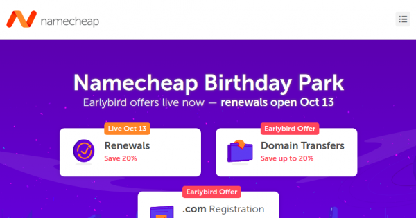 Namecheap Birthday Park - Save 20% on Renewals Domain, Hosting