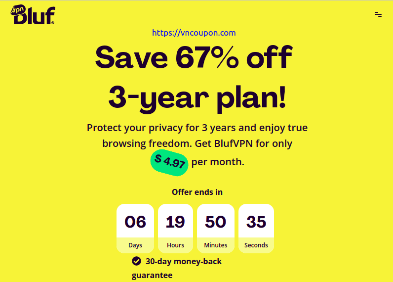 BlufVPN – Save 67% on 3-year subscription plan!