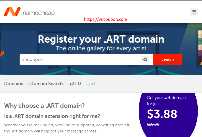Get your .ART domain now just $3.88/year at Namecheap